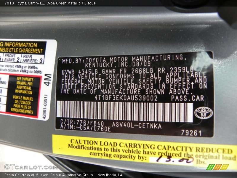 Aloe Green Metallic / Bisque 2010 Toyota Camry LE