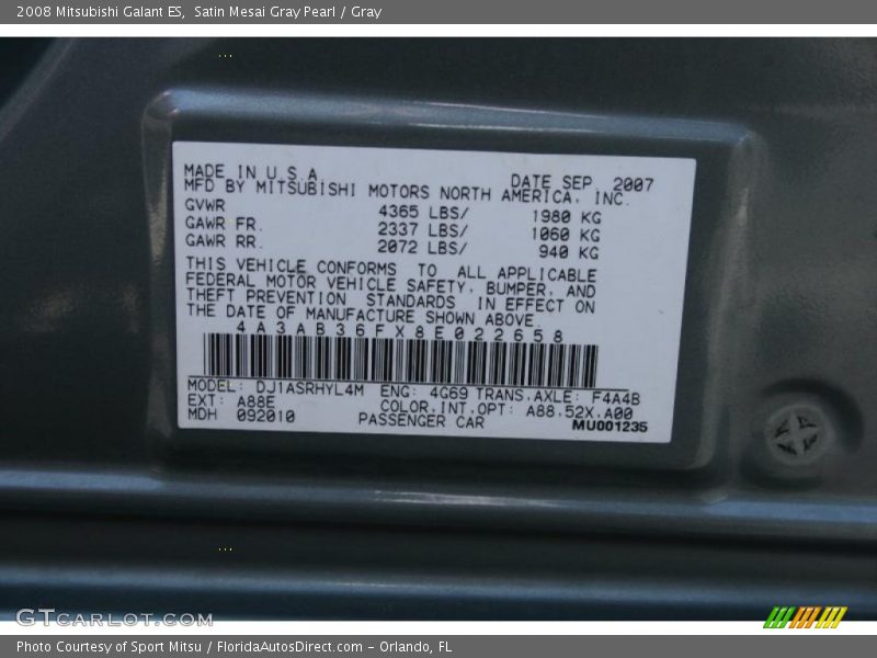 Satin Mesai Gray Pearl / Gray 2008 Mitsubishi Galant ES