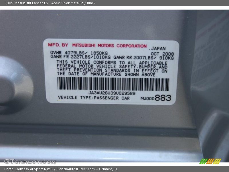 Apex Silver Metallic / Black 2009 Mitsubishi Lancer ES