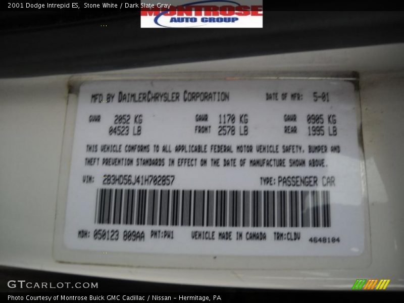 Stone White / Dark Slate Gray 2001 Dodge Intrepid ES