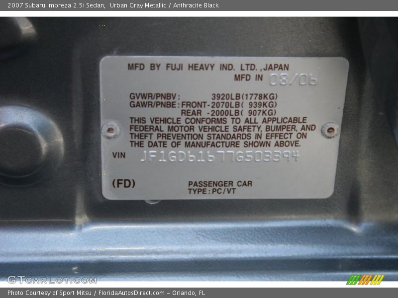 Urban Gray Metallic / Anthracite Black 2007 Subaru Impreza 2.5i Sedan
