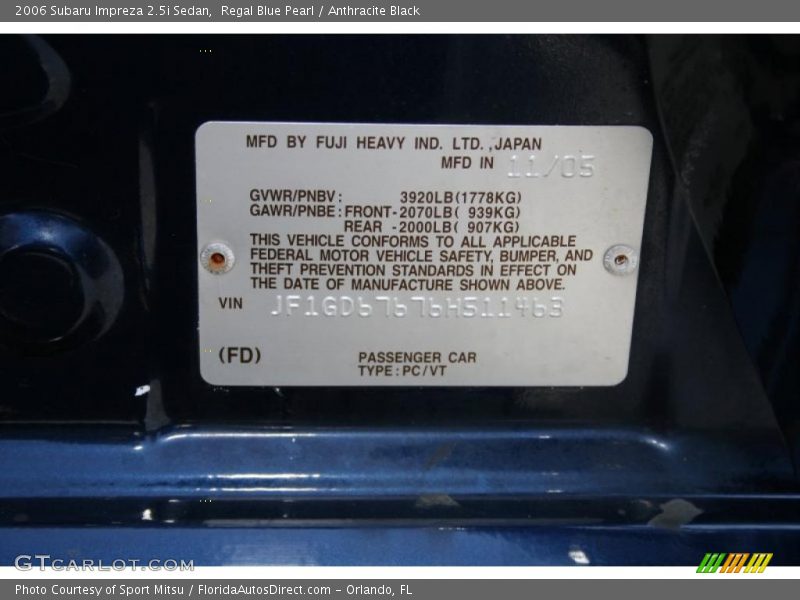 Regal Blue Pearl / Anthracite Black 2006 Subaru Impreza 2.5i Sedan