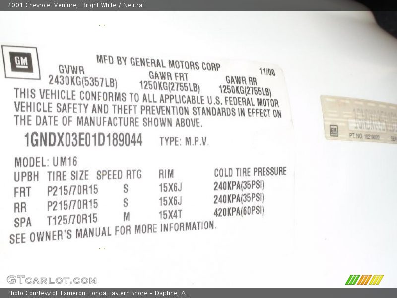 Bright White / Neutral 2001 Chevrolet Venture