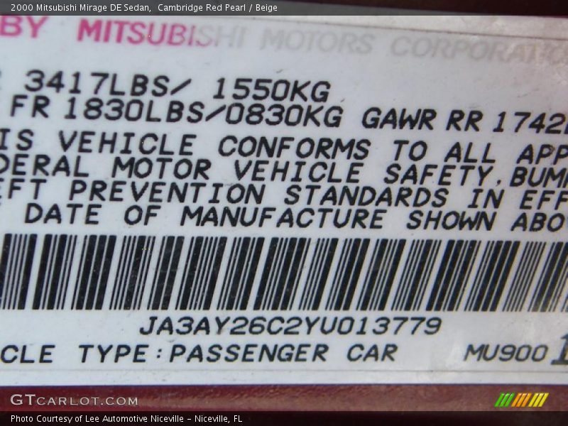 Cambridge Red Pearl / Beige 2000 Mitsubishi Mirage DE Sedan