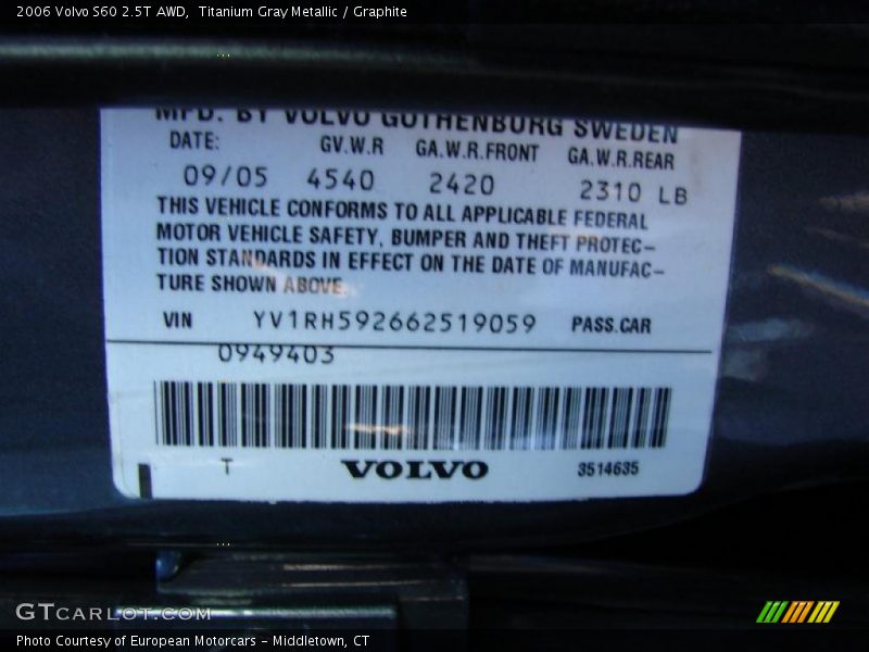 Titanium Gray Metallic / Graphite 2006 Volvo S60 2.5T AWD