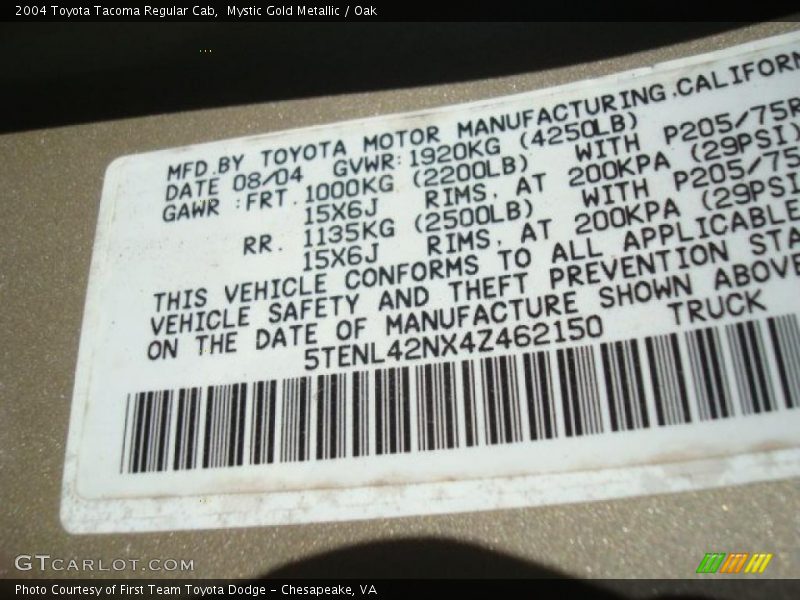 Mystic Gold Metallic / Oak 2004 Toyota Tacoma Regular Cab