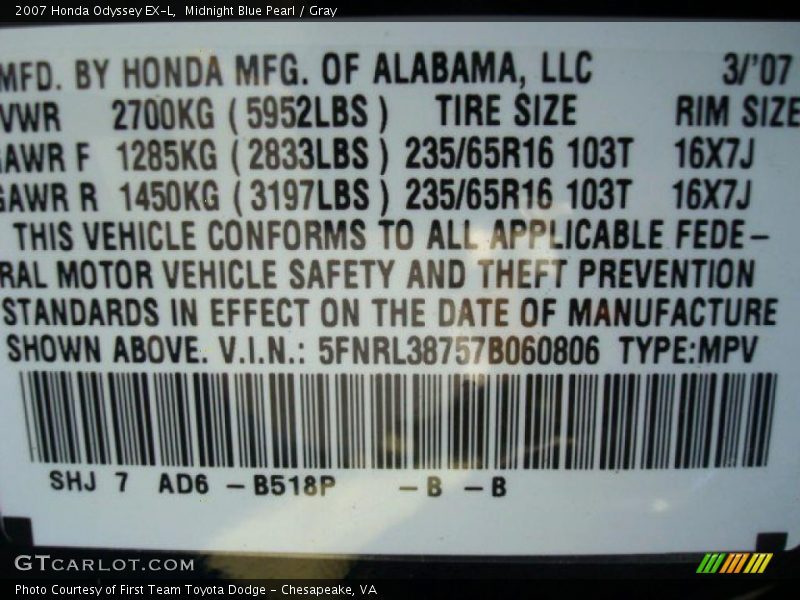 Midnight Blue Pearl / Gray 2007 Honda Odyssey EX-L