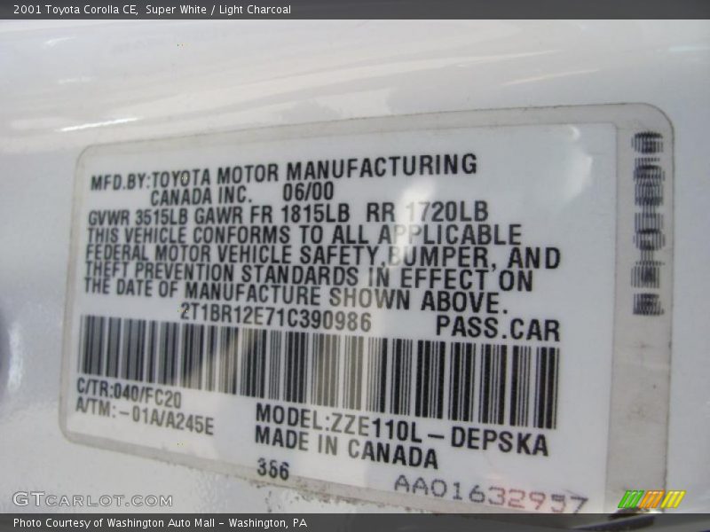 Super White / Light Charcoal 2001 Toyota Corolla CE