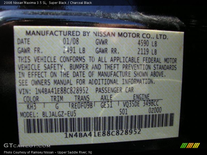 Super Black / Charcoal Black 2008 Nissan Maxima 3.5 SL