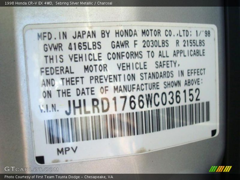 Sebring Silver Metallic / Charcoal 1998 Honda CR-V EX 4WD