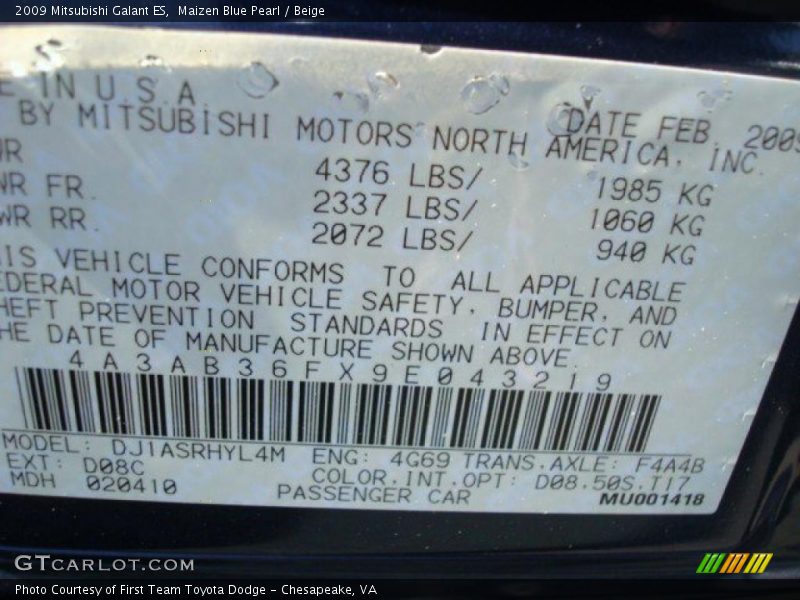 Maizen Blue Pearl / Beige 2009 Mitsubishi Galant ES