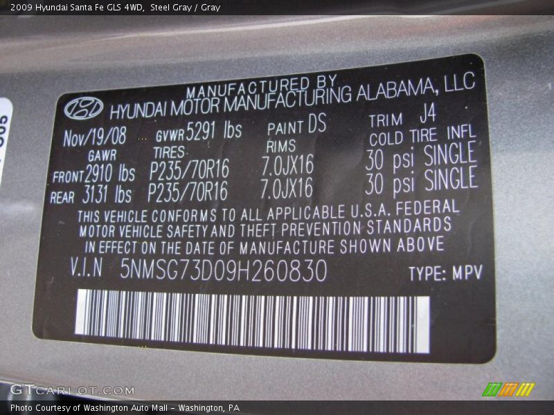Steel Gray / Gray 2009 Hyundai Santa Fe GLS 4WD