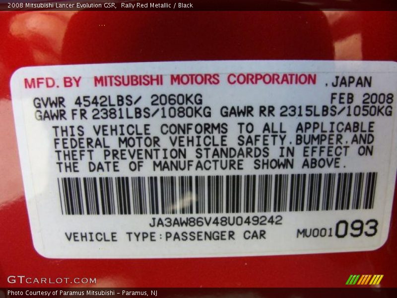 Rally Red Metallic / Black 2008 Mitsubishi Lancer Evolution GSR