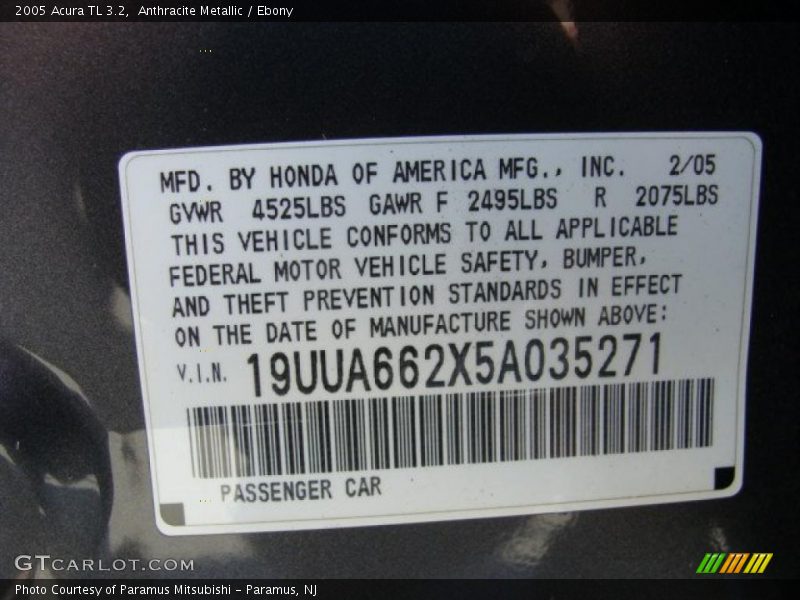 Anthracite Metallic / Ebony 2005 Acura TL 3.2
