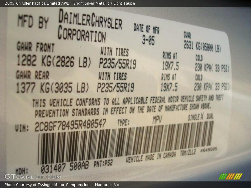 Bright Silver Metallic / Light Taupe 2005 Chrysler Pacifica Limited AWD