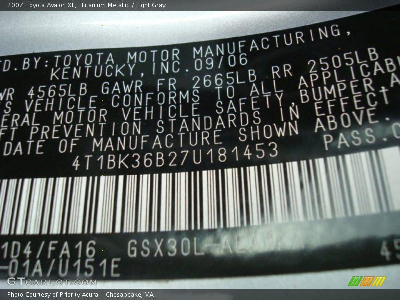 Titanium Metallic / Light Gray 2007 Toyota Avalon XL