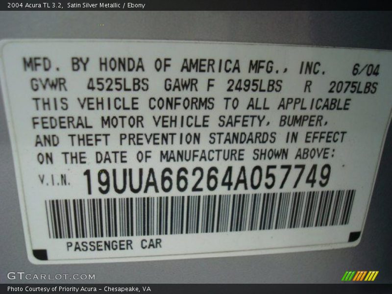 Satin Silver Metallic / Ebony 2004 Acura TL 3.2