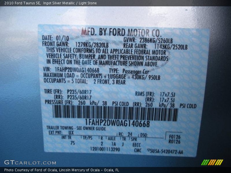 Ingot Silver Metallic / Light Stone 2010 Ford Taurus SE