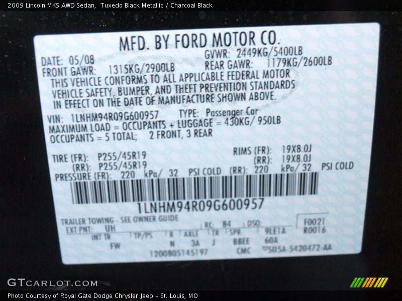 Tuxedo Black Metallic / Charcoal Black 2009 Lincoln MKS AWD Sedan