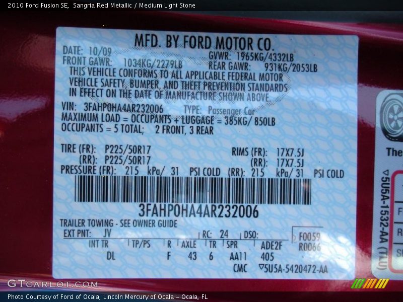 Sangria Red Metallic / Medium Light Stone 2010 Ford Fusion SE