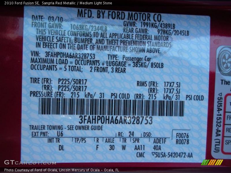 Sangria Red Metallic / Medium Light Stone 2010 Ford Fusion SE