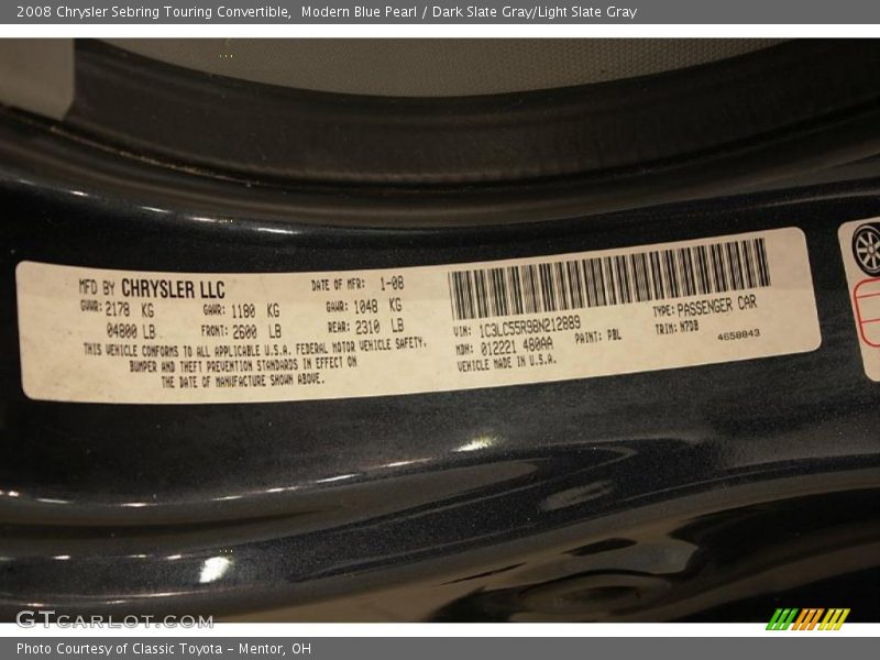 Modern Blue Pearl / Dark Slate Gray/Light Slate Gray 2008 Chrysler Sebring Touring Convertible