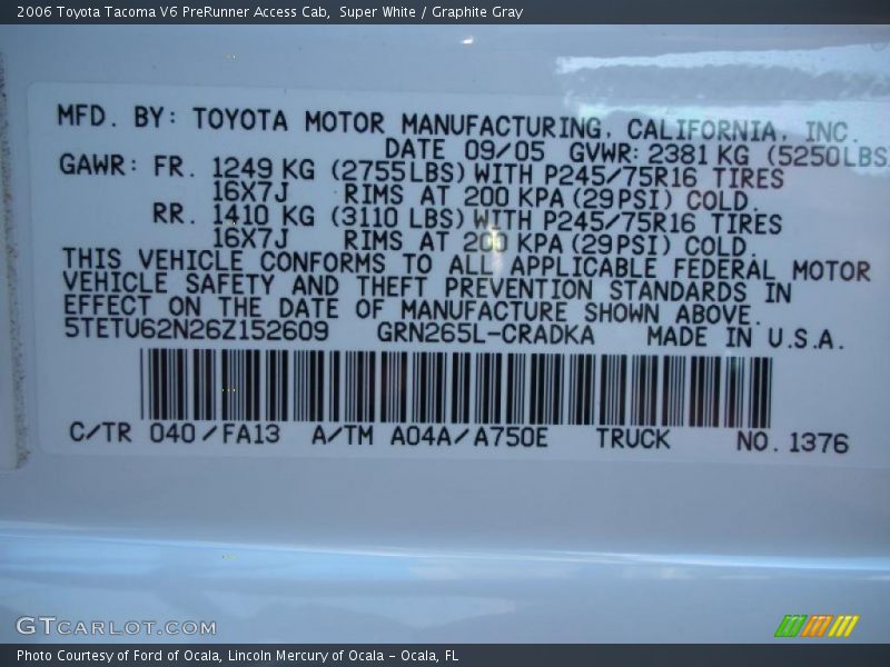 Super White / Graphite Gray 2006 Toyota Tacoma V6 PreRunner Access Cab