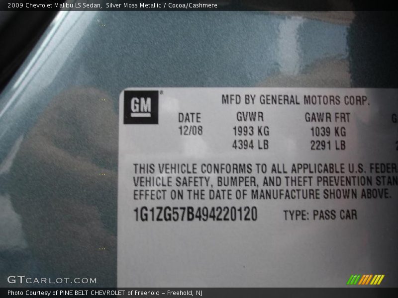Silver Moss Metallic / Cocoa/Cashmere 2009 Chevrolet Malibu LS Sedan