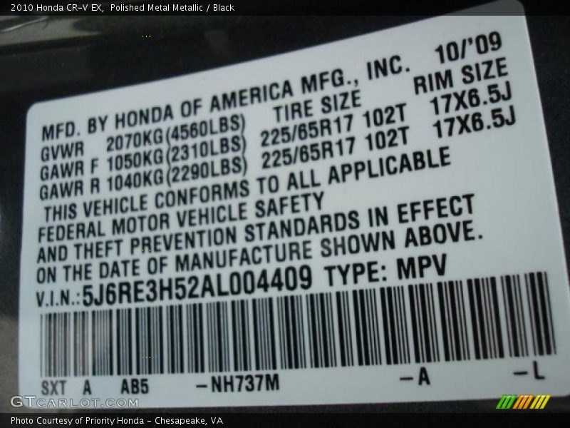 Polished Metal Metallic / Black 2010 Honda CR-V EX