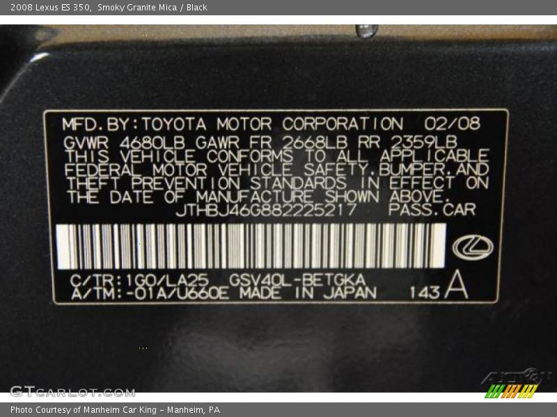 Smoky Granite Mica / Black 2008 Lexus ES 350