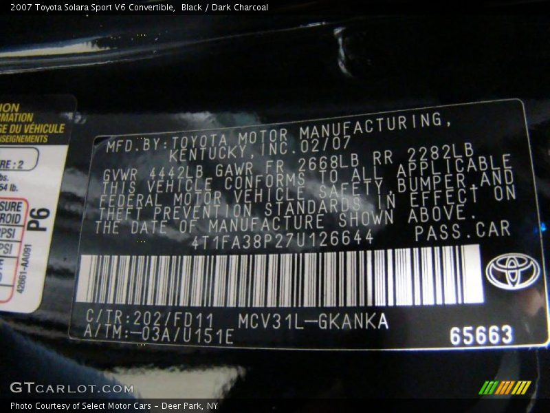 Black / Dark Charcoal 2007 Toyota Solara Sport V6 Convertible