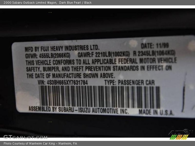 Dark Blue Pearl / Black 2000 Subaru Outback Limited Wagon