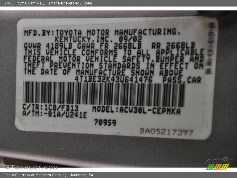 Lunar Mist Metallic / Stone 2003 Toyota Camry LE