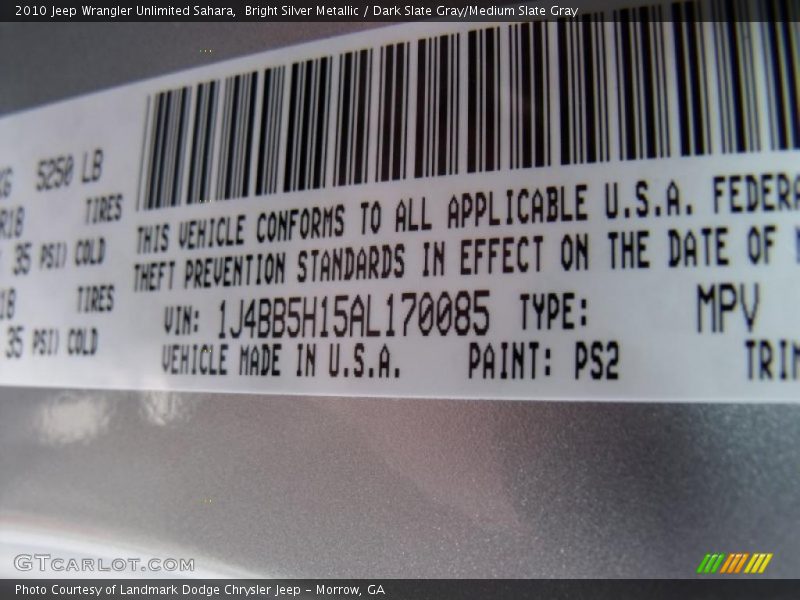 Bright Silver Metallic / Dark Slate Gray/Medium Slate Gray 2010 Jeep Wrangler Unlimited Sahara