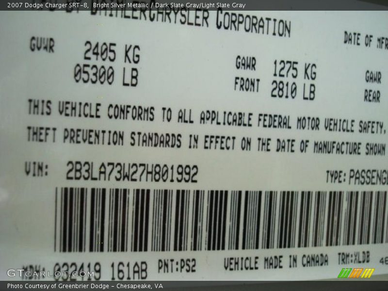 Bright Silver Metallic / Dark Slate Gray/Light Slate Gray 2007 Dodge Charger SRT-8