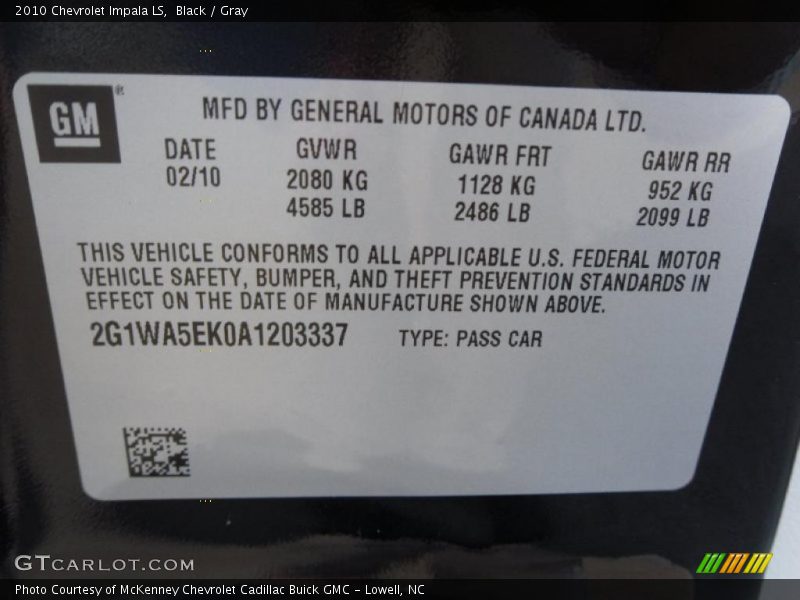 Black / Gray 2010 Chevrolet Impala LS