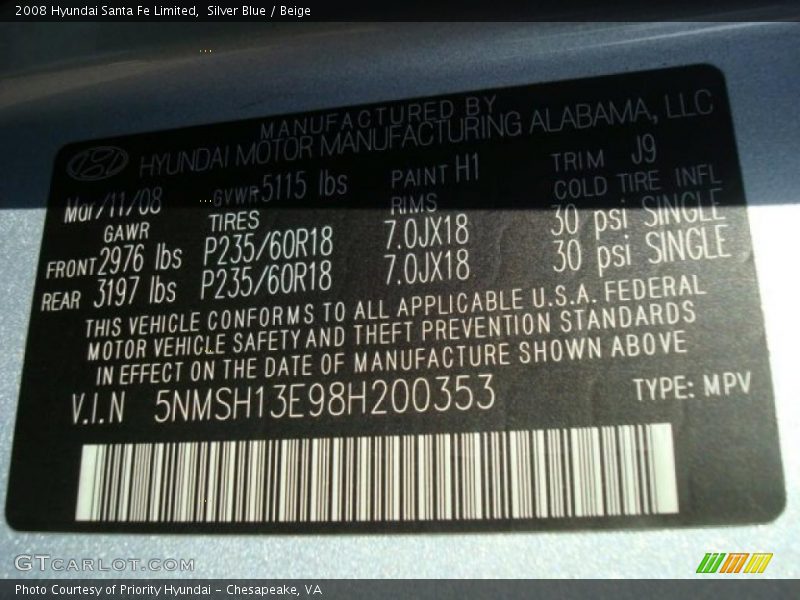 Silver Blue / Beige 2008 Hyundai Santa Fe Limited