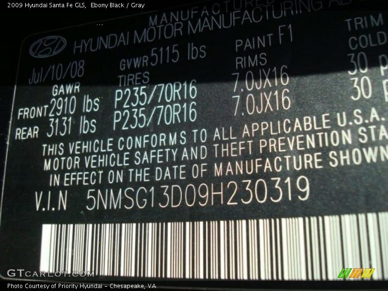 Ebony Black / Gray 2009 Hyundai Santa Fe GLS