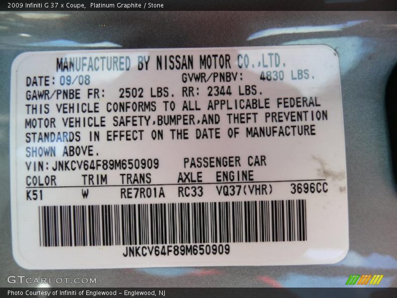 Platinum Graphite / Stone 2009 Infiniti G 37 x Coupe