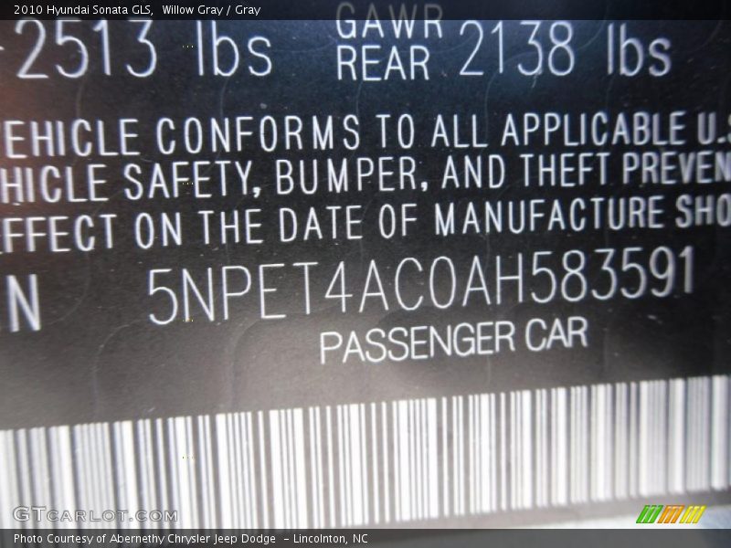 Willow Gray / Gray 2010 Hyundai Sonata GLS