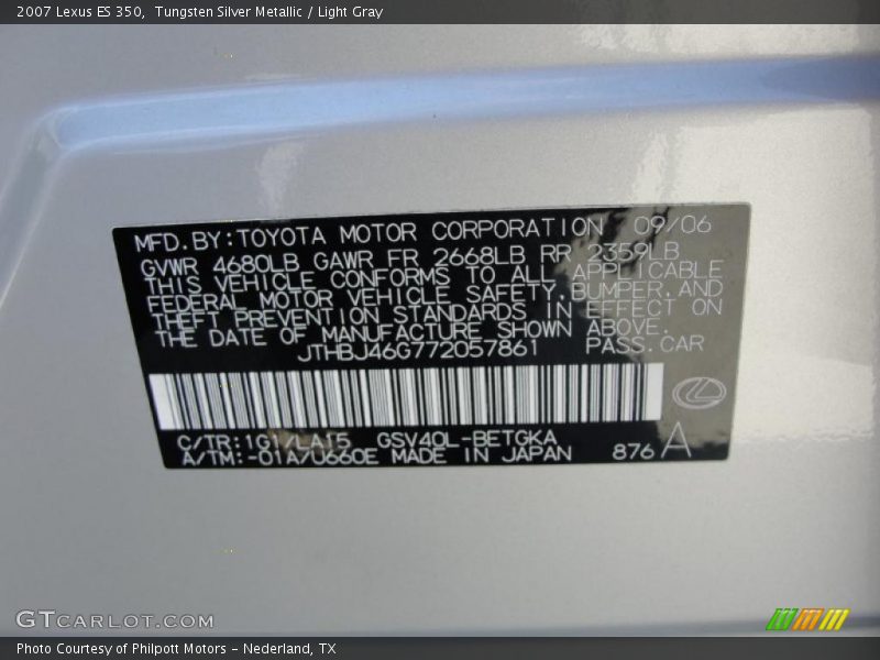 Tungsten Silver Metallic / Light Gray 2007 Lexus ES 350