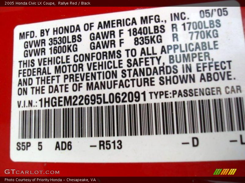 Rallye Red / Black 2005 Honda Civic LX Coupe