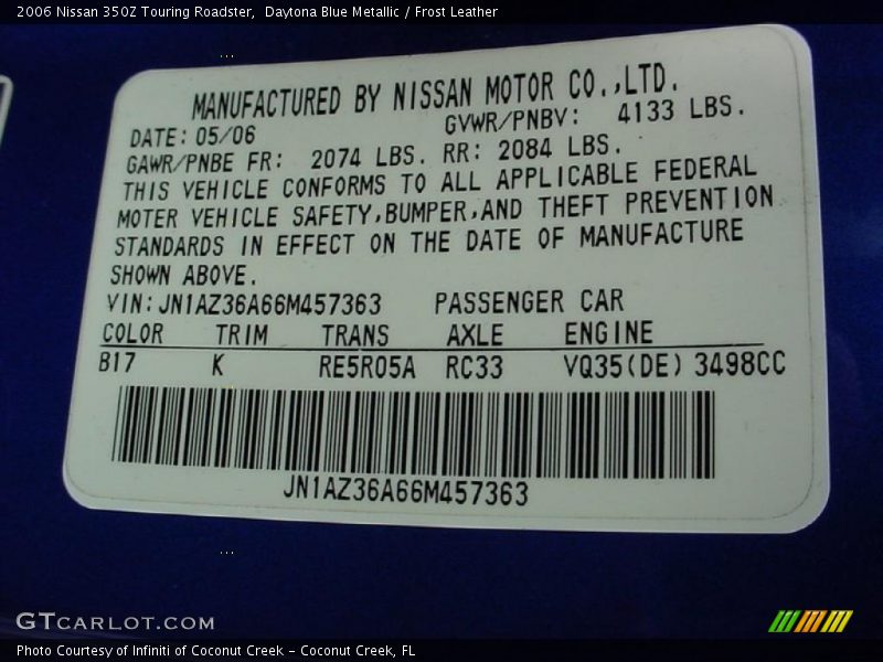 Daytona Blue Metallic / Frost Leather 2006 Nissan 350Z Touring Roadster