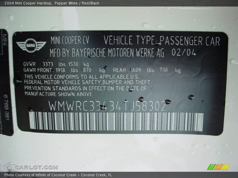 Pepper White / Red/Black 2004 Mini Cooper Hardtop