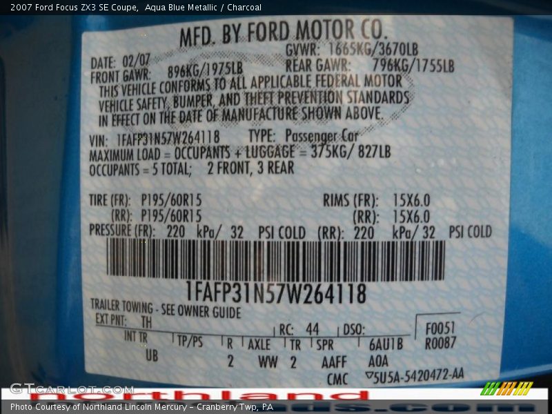 Aqua Blue Metallic / Charcoal 2007 Ford Focus ZX3 SE Coupe