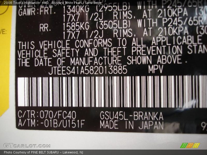 Blizzard White Pearl / Sand Beige 2008 Toyota Highlander 4WD