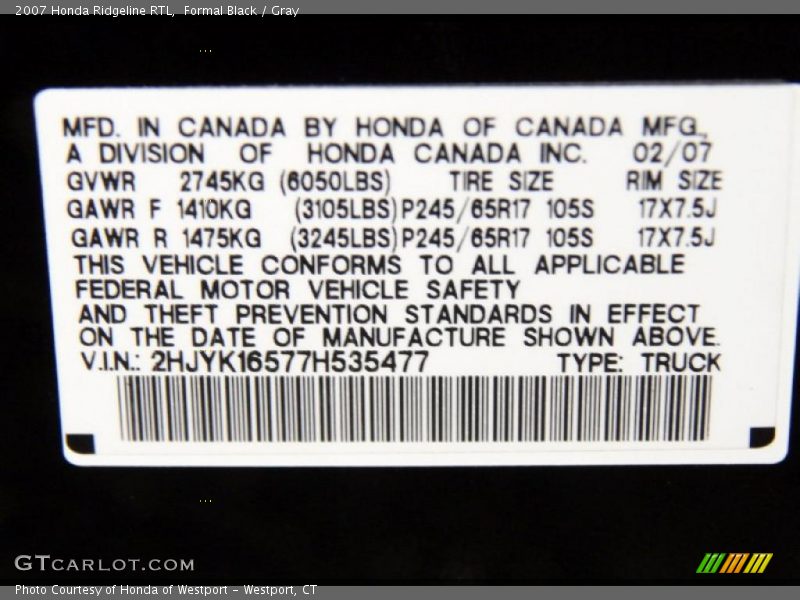 Formal Black / Gray 2007 Honda Ridgeline RTL