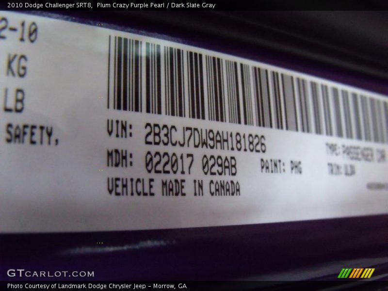 2010 Challenger SRT8 Plum Crazy Purple Pearl Color Code PHG