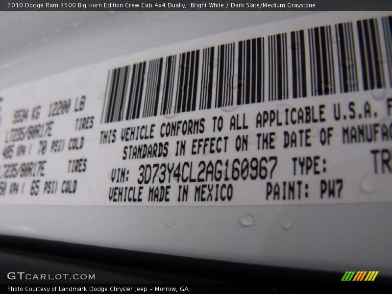Bright White / Dark Slate/Medium Graystone 2010 Dodge Ram 3500 Big Horn Edition Crew Cab 4x4 Dually
