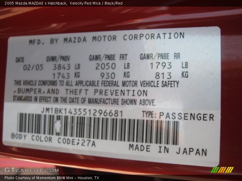 Velocity Red Mica / Black/Red 2005 Mazda MAZDA3 s Hatchback